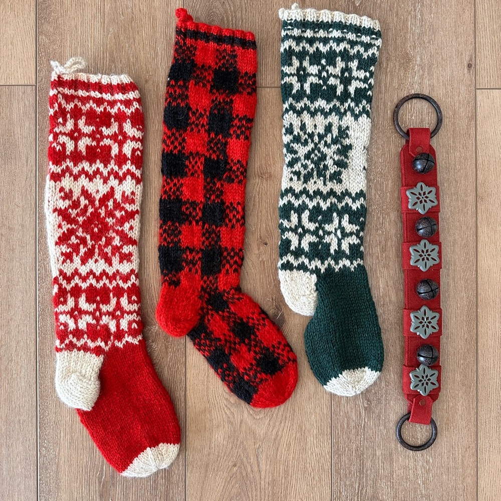 THREE Knit Christmas Stockings + Jingle Bells